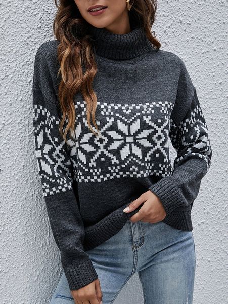 

geo pattern turtleneck drop shoulder sweater l39c#, White;black