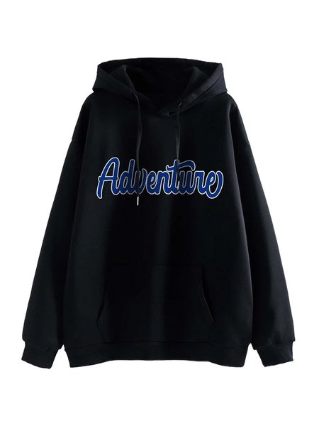 

letter graphic drawstring thermal lined hoodie n7ll#, Black