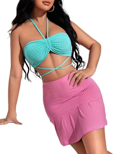 

sxy tie back halter & ruffle hem skirt set j1jk#, White