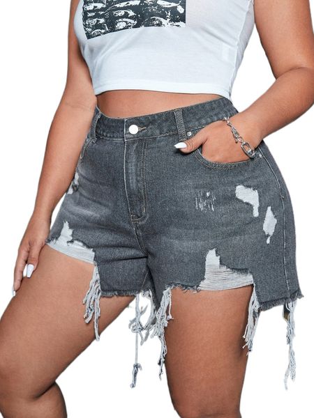 

plus high waist ripped raw hem denim shorts 26od#, White;black