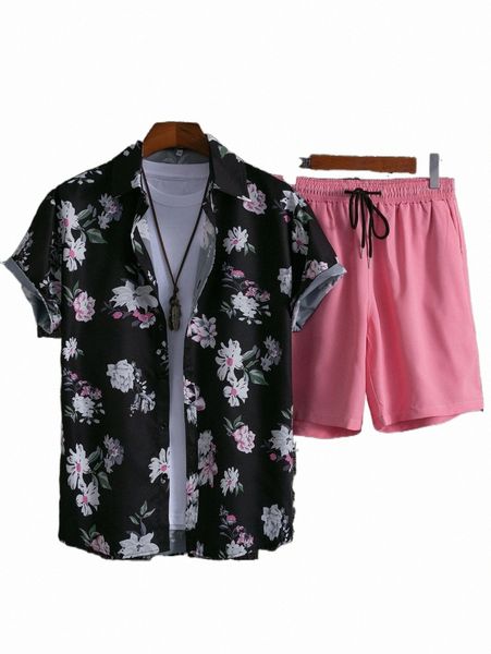 

men floral print shirt & drawstring waist shorts without tee a5zj#, Gray