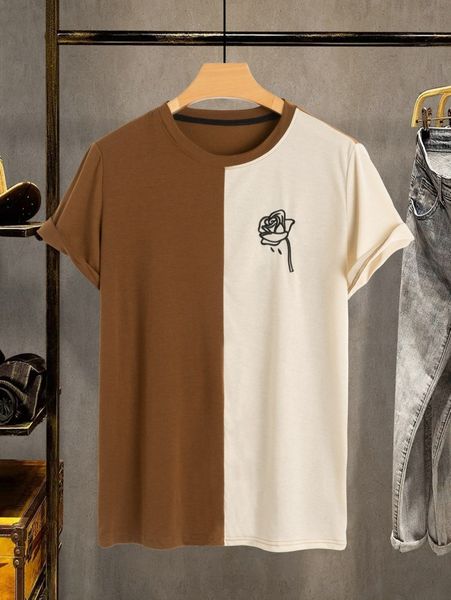 

men two tone floral embroidery tee t2xc#, White;black