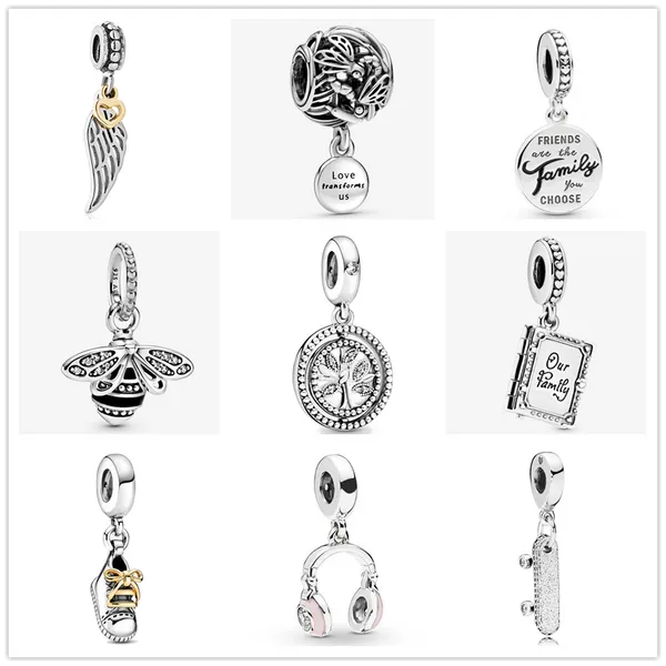 925 Sterling Silver Dangle Charm New Baby Shoe Wing Bee Headset Family Book Beads Bead Fit Pandora Charms Bracelet Diy Acessórios