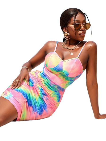 

tie dye ruched bustier cami bodycon dress n1kd#, Black;gray
