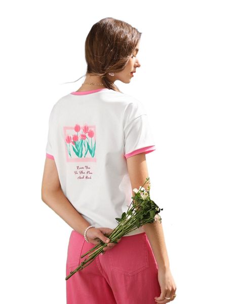 

floral & slogan graphic contrast trim tee w9hv#, White
