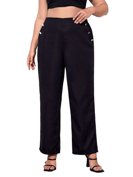 

plus high waist buttoned detail wide leg pants 36tg#, Black