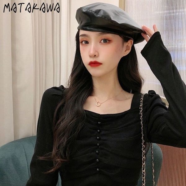 

pleated square collar woman tshirts mesh stitching bottoming t shirt longsleeved womens slim fit tshirt 210506, White