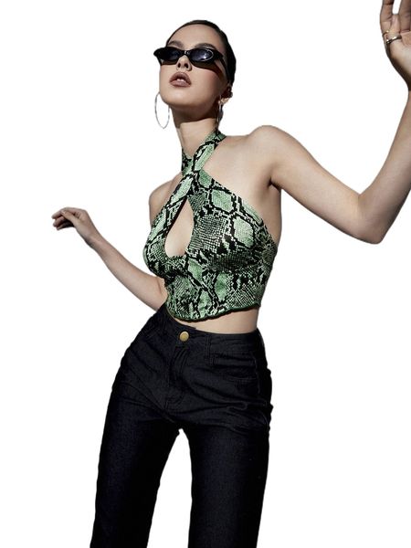 

snakeskin print open back crisscross halter a4fi#, White