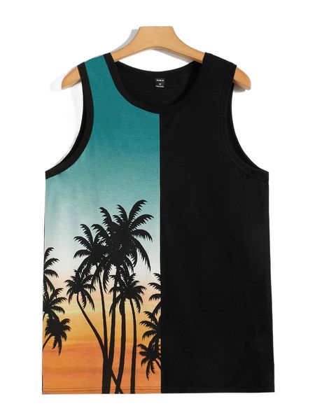 

men tropical print contrast binding tank h4jn#, White;black