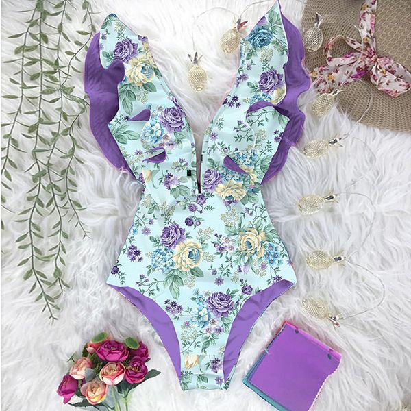 

2022 New Print Swimwear Deep V-neck Ruffle Swimsuit Push Up One Piece Swimsuit Beach Wear Backless Monokini