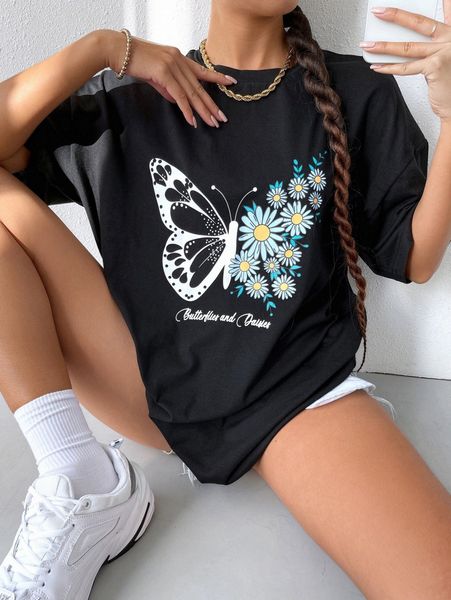 

drop shoulder butterfly & floral print tee 79e0#, White