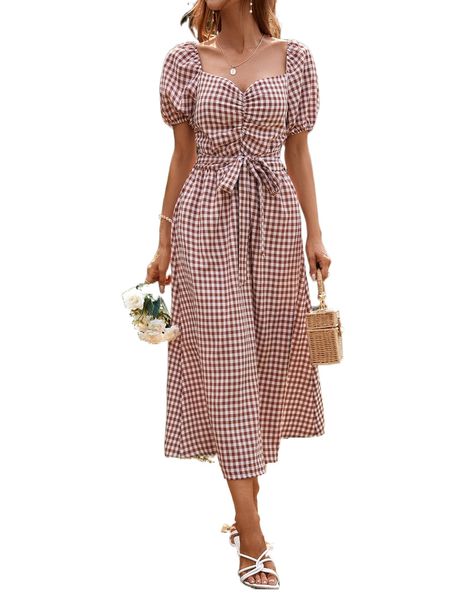 

gingham sweetheart neck puff sleeve shirred back tie front dress r5lr#, Black;gray