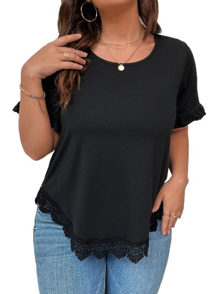 

plus flounce sleeve guipure lace insert blouse k2rs#, Black