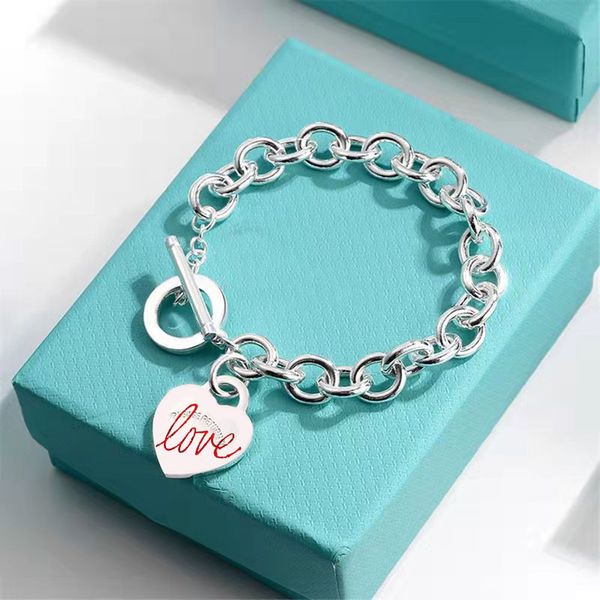 

2022 brand original jewelry cuff designer ot buckle red enamel love heart pendant women's fashion simple high-end thick chain bracelet, White