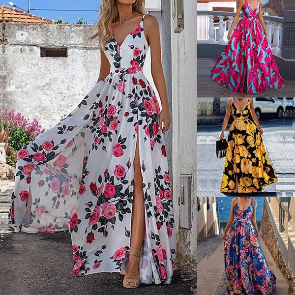 

casual dresses v neck floral print sling dress women elegant chic slit beach maxi summer fashion waist zipper backless party, Black;gray