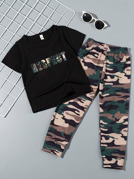 

toddler girls camo & letter graphic tee & sweatpants she, White