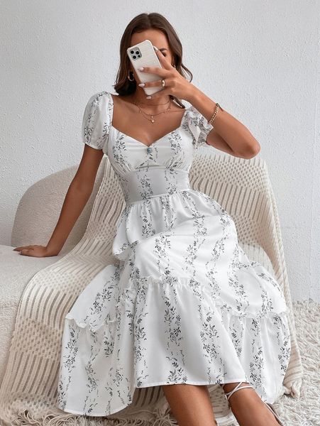 

tall plants print puff sleeve rhinestone frill trim dress v8eg#, Black;gray