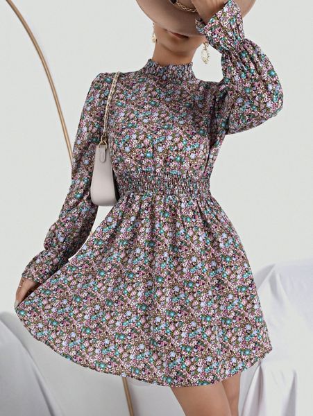

ditsy floral shirred flounce sleeve dress s1zp#, Black;gray