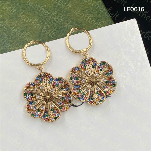 

retro flower charm ear pendant shiny color diamond earrings double letter stud designer anniversary earrings, Golden