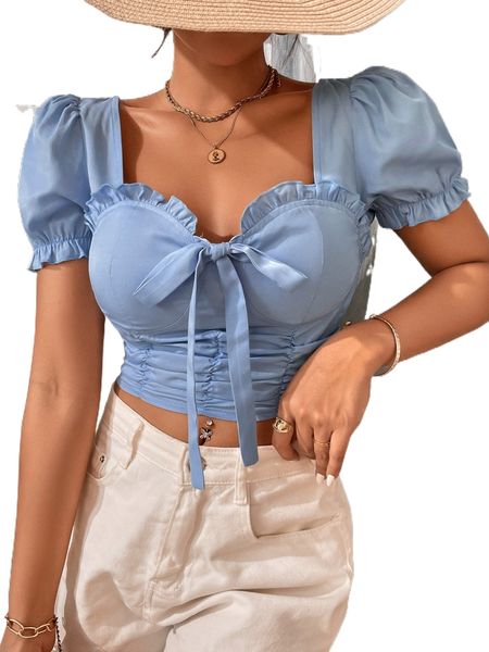 

x arigameplays puff sleeve frill trim knot front ruched crop blouse c87h#, White