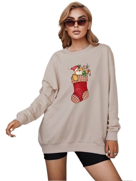 

christmas print drop shoulder sweatshirt f8yh#, Black