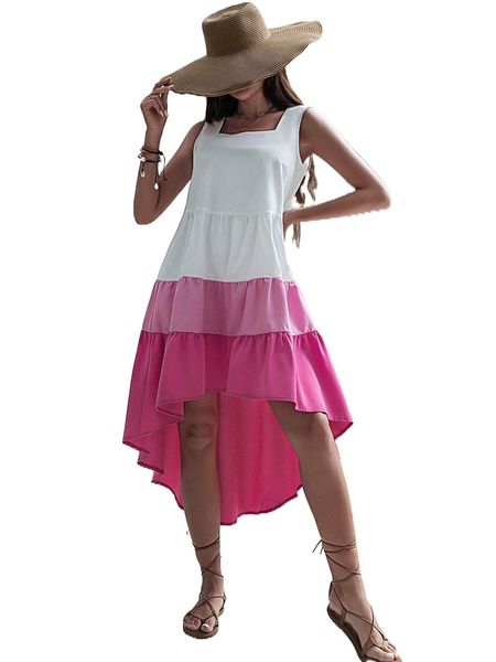 

color block square neck high low ruffle hem smock dress t75c#, Black;gray
