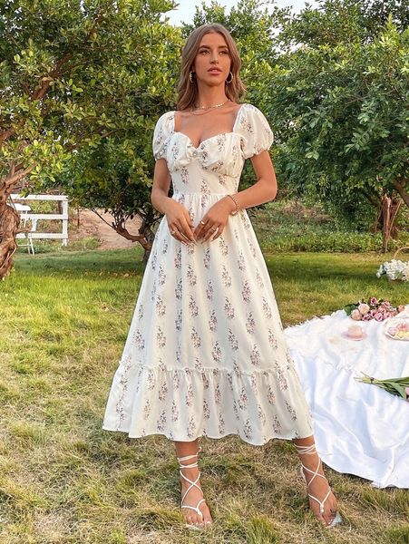 

allover floral sweetheart neck dress 64oj#, Black;gray