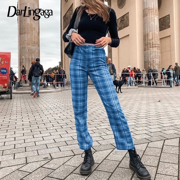 

darlingaga harajuku straight blue plaid pant casual checkered womens trousers streetwear high waist pants sweatpants y200418, Black;white