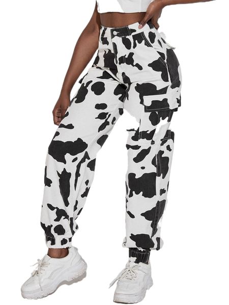 

sxy high waisted cow print flap pocket cargo jeans v4mg#, Blue
