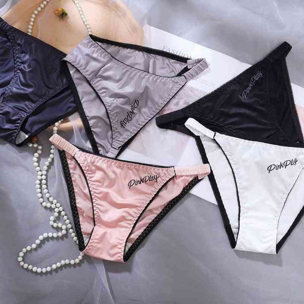 

luxury underwear women's satin ice silk low waist printed letters sweet pure dire briefs stylish and interesting women's t underwe, Black;white