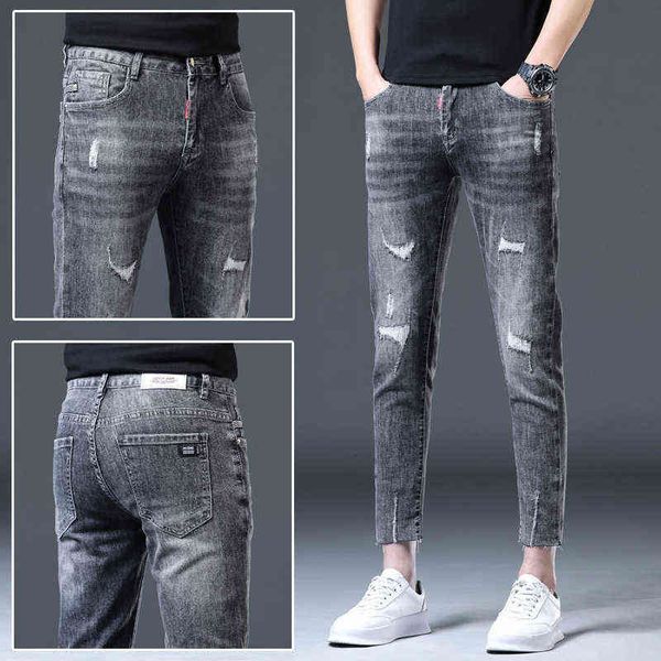 

korean 2022 fashion jeans men's spring and summer capris grey hole elastic slim fit leggings thin style, Blue