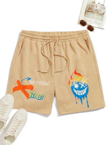 

men slogan & cartoon face print shorts b69a#, White;black