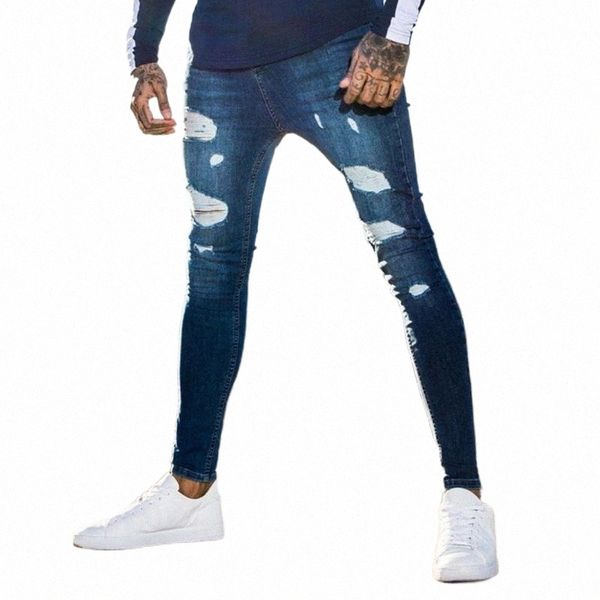 

fashion streetwear mens jeans destroyed ripped design pencil denim pants ankle skinny men full length men's n5al#, Blue