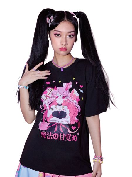 

romwe anime figure letter graphic tee 51xx#, White