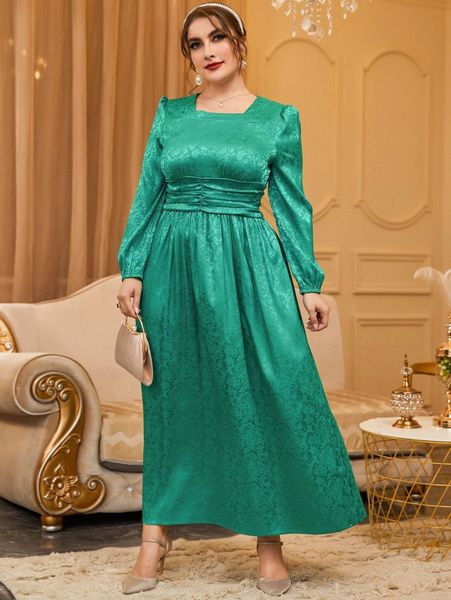 

plus floral jacquard puff sleeve ruched satin dress s0kr#, Black