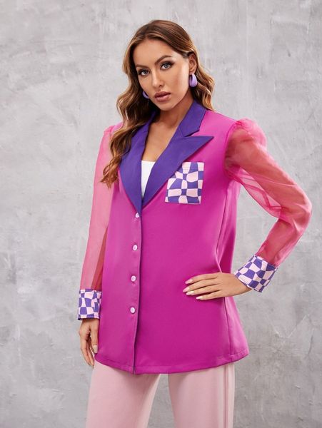 

x yaya zahir plaid print contrast mesh sleeve blazer a98o#, White