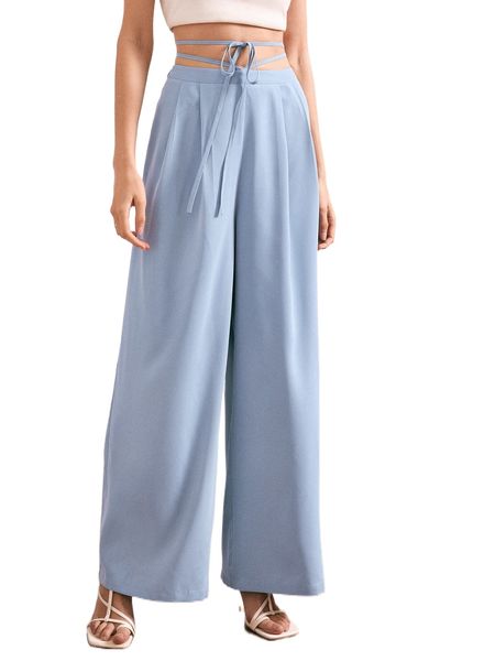 

fold pleated tie front wide leg pants g5xs#, Black;white