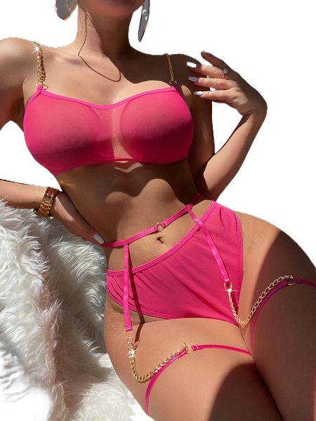 

3pack mesh chain detail garter thong lingerie set z7c4#, Black;red