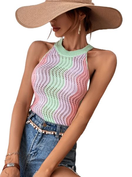 

color block pointelle halter knit q80h#, White;black