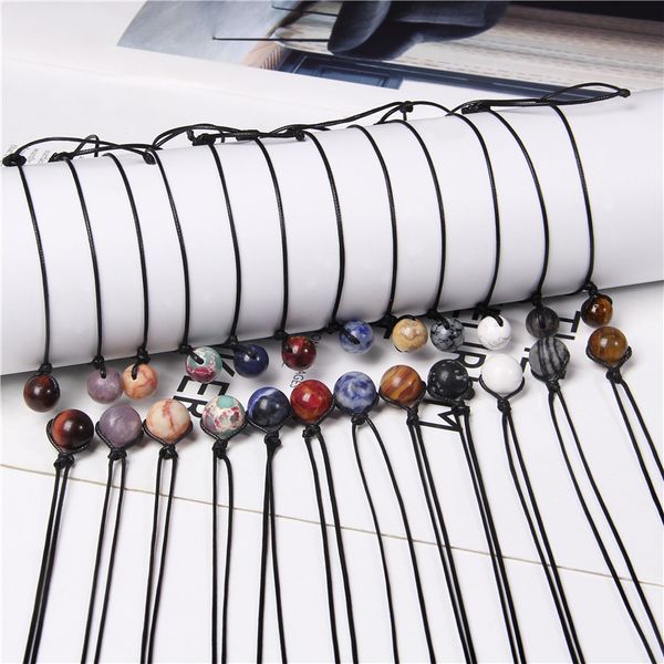 

natural round minerals healing chakra stone beads pendant necklace bracelet jewelry for lucky women men handmade black rope necklace gifts b, Silver