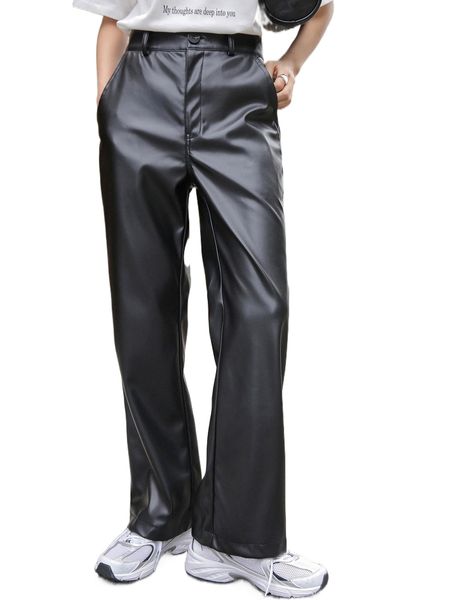 

dazy high waist slant pockets pu leather pants n62j#, Black;white