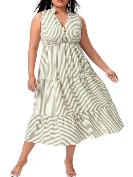 

plus striped print ruffle hem dress h9kp#, Black
