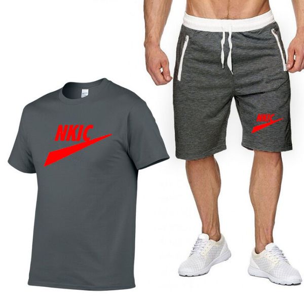 

men fashion brand logo short sleeve print t shirts shorts tracksuit sets sportswear casual 2 pieces set sport fitnees suits high quality, Gray