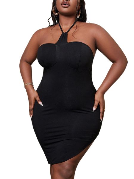 

sxy plus asymmetrical hem tie backless halter bodycon dress k5fu#, Black