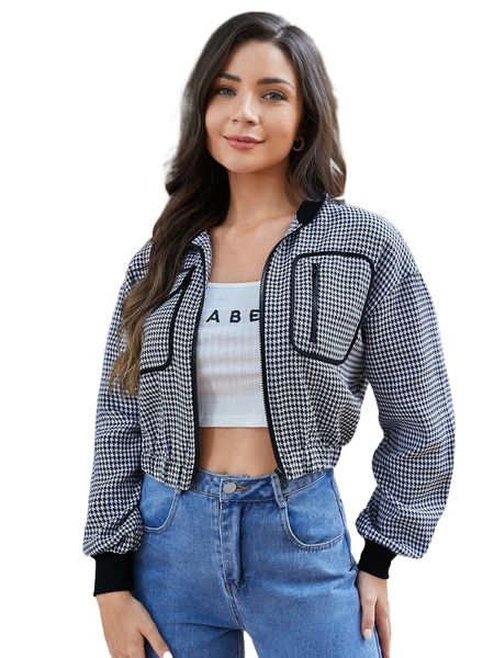 

houndstooth print drop shoulder jacket 521u#, Black;brown