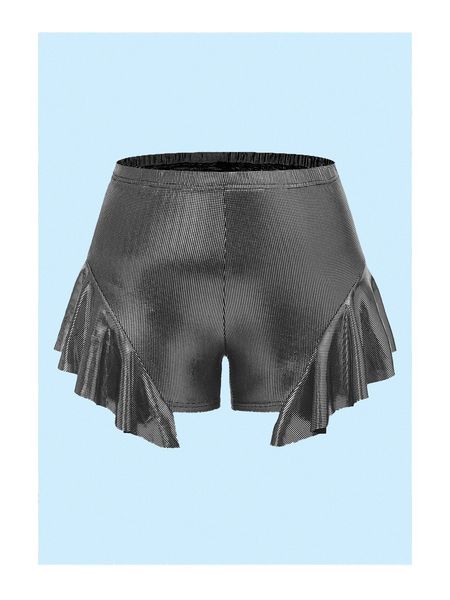 

plus polka dot ruffle hem shorts t42t#, Black