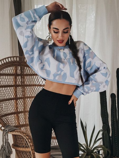 

glamaker batwing sleeve camo crop sweater e4gj#, White;black