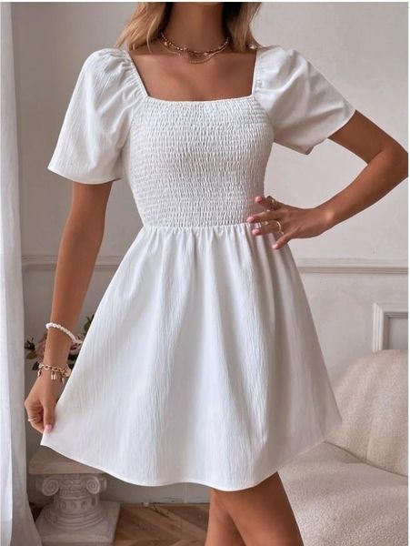 

liti a-shaped dress solid style square arc collar high waist slim, Black