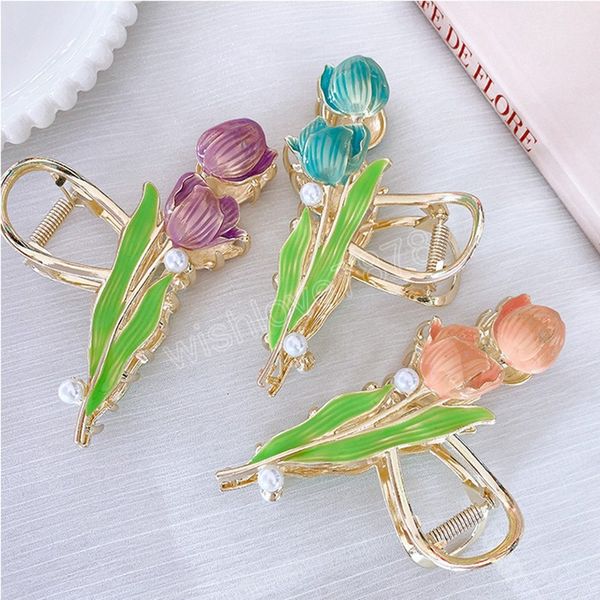 

large sweet elegant tulip flower hair claw clamps metal ponytail clips korean women summer hair accessories headwear, Slivery;golden