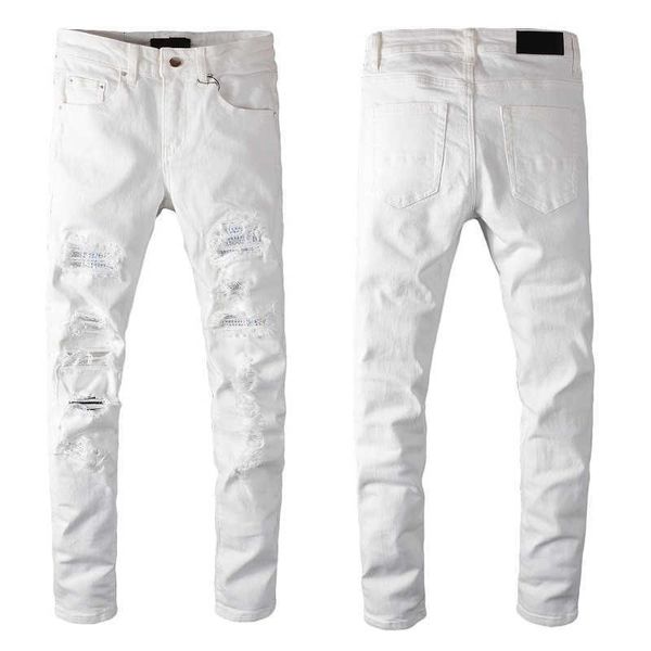 

jeans white with holes skinny ripped mens fit designer distressed torn for man pants damaged patchwork motorcycle long zipper baggy denim, Blue